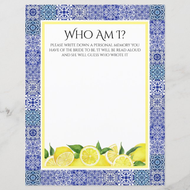 Papier Grecian Blue et citron "Who Am I" jeu de douche (Devant)
