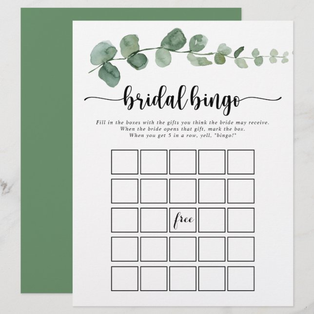 Papier Green Delight Eucalyptus Bridal Bingo Jeu (Devant / Derrière)