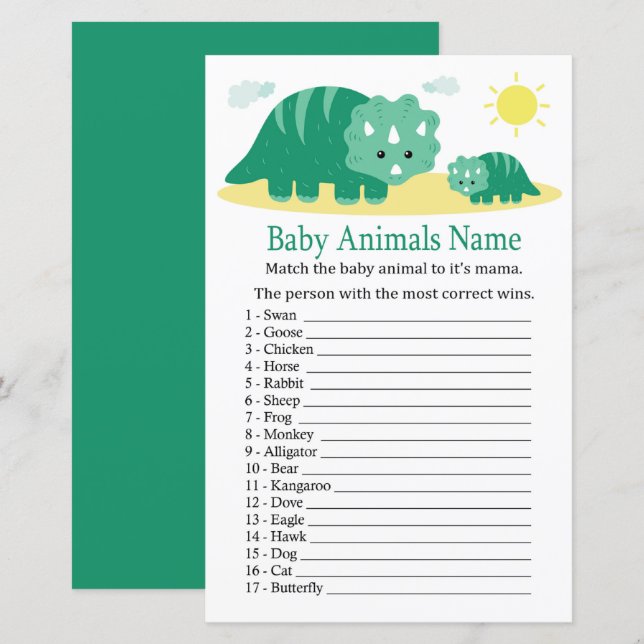 Papier Green Dino Baby Animaux Nom Jeu (Devant / Derrière)