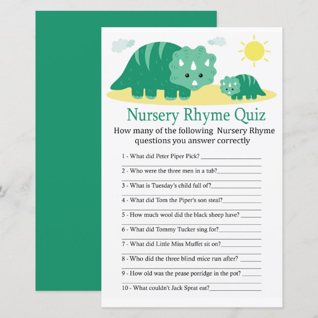 Papier Green Dino Nursery Rhyme Quiz jeu de baby shower (Devant / Derrière)