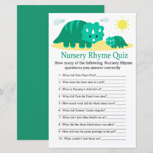 Papier Green Dino Nursery Rhyme Quiz jeu de baby shower