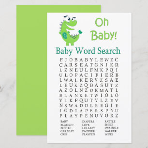 Papier Green Dinosaur Baby shower Word Recherche Jeu