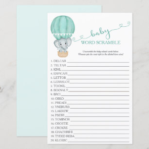 Papier Green Elephant Baby shower Word Scramble Jeu