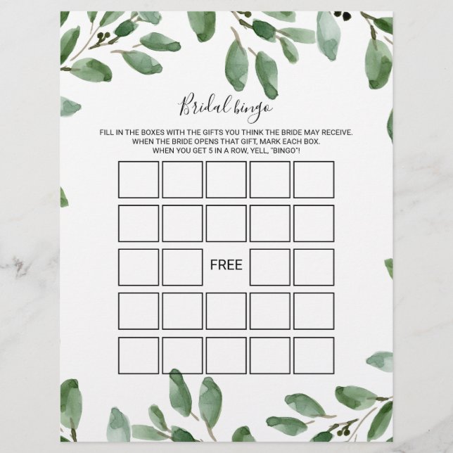 Papier Green Eucalyptus Bride Bingo, Jeu de Fête des mari (Devant)