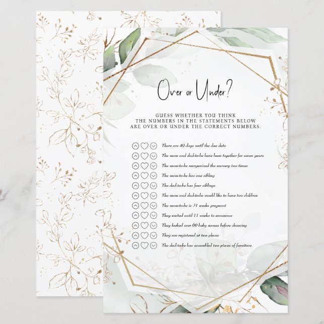 Papier Green & Gold Baby shower jeu Plus ou moins? (Devant / Derrière)