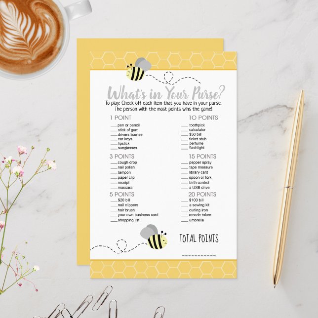 Papier Grey Jaune Bumble Bee Ce qui est dans votre jeu de (What's in your purse baby shower game - Bumble Bees)