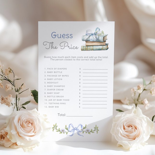 Papier Guess the price Blue Bow Books baby shower game (Créateur téléchargé)