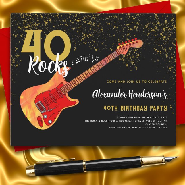 Papier Guitare 40e anniversaire Parties scintillant d'or  (Electric Guitar 40th birthday party black and gold glitter 40 rocks budget invitation)