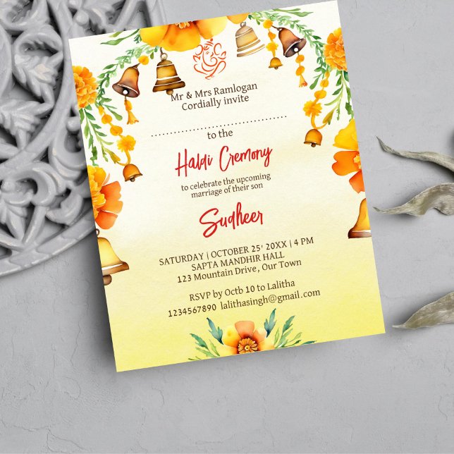 Papier Haldi marigolds sonne invitation du budget mariage (Haldi template invitation digital download Indian wedding whimsical bells marigolds garlands Ganesha)