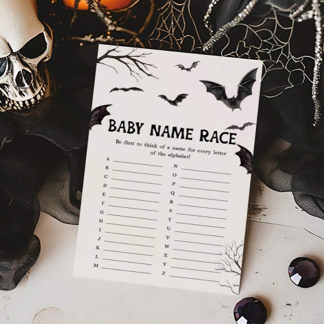 Papier Halloween Bats Noirs et Bats Bébés Nom Race Jeu (Black and White Bats Baby Shower Baby Name Race Game)