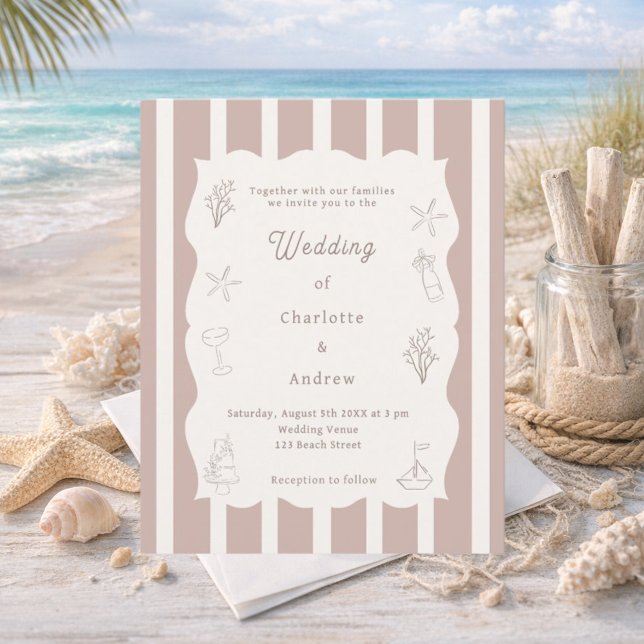 Papier Hand drawn beach ivory taupe wedding invitation (Créateur téléchargé)