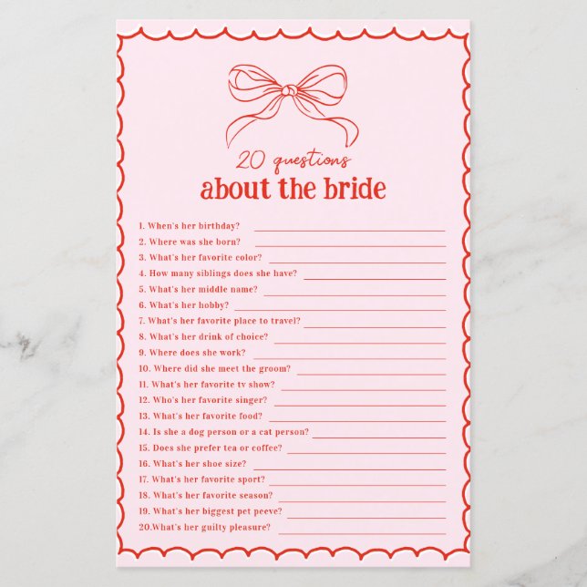 Papier Hand Drawn Bow Red & Pink 20 Questions About Bride (Devant)