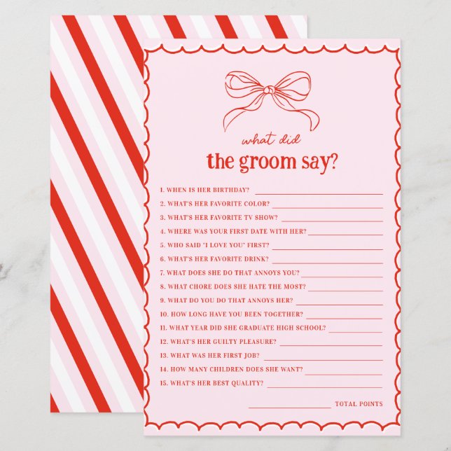 Papier Hand Drawn Bow Red & Pink What Did the Groom Say (Devant / Derrière)