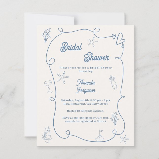 Papier Hand drawn coastal blue Bridal Shower invitation (Devant)