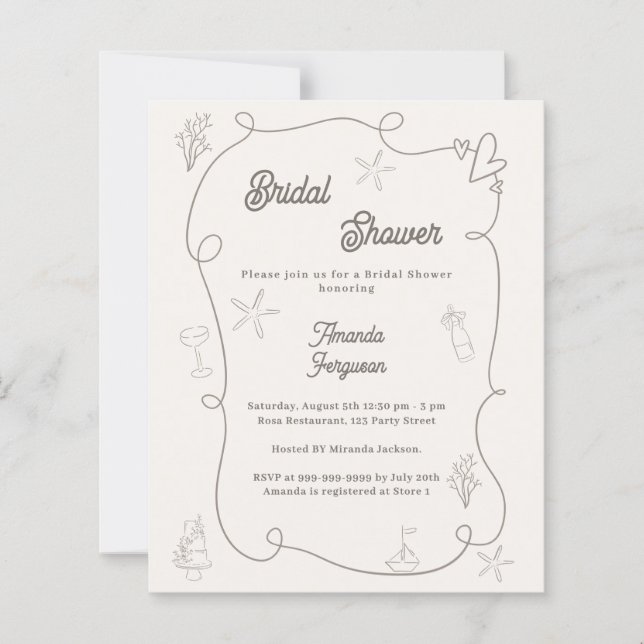 Papier Hand drawn coastal sand Bridal Shower invitation (Devant)