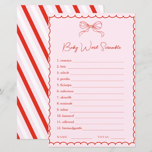 Papier Hand Drawn Pink Red Word Scramble Baby Shower Game (Devant / Derrière)
