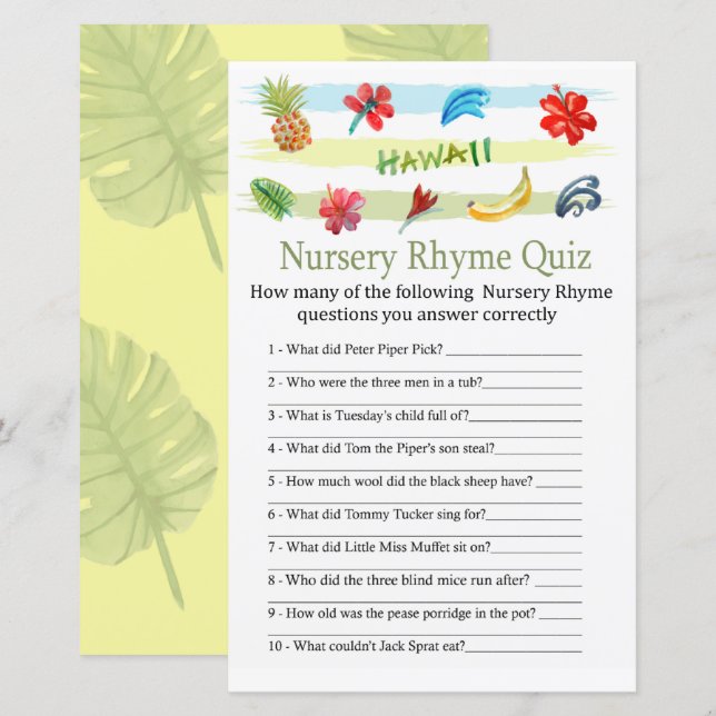 Papier Hawaii Nursery Rhyme Quiz jeu de baby shower (Devant / Derrière)
