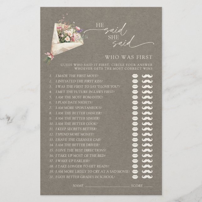 Papier He Said She Said Chic Floral Bridal Shower Game (Devant)