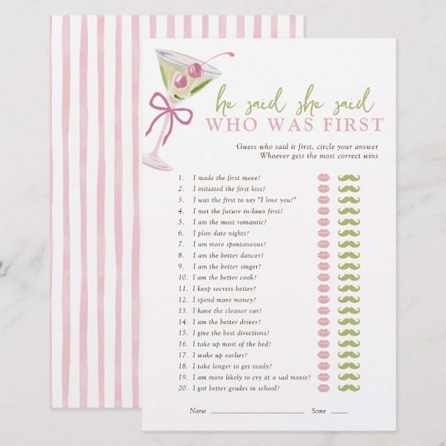 Papier He Said She Said Chic Martini Bridal Game (Devant / Derrière)