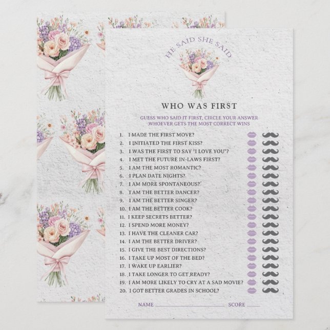 Papier He Said She Said Elegant Floral Bridal Shower Game (Devant / Derrière)