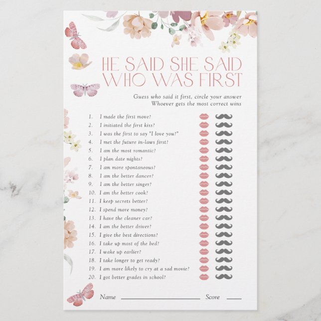 Papier He Said She Said Pink Floral Bridal Shower Game (Devant)