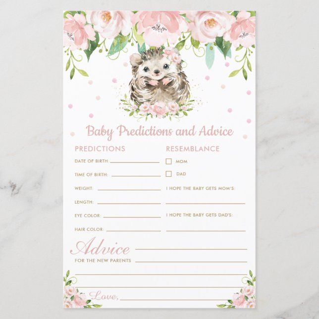 Papier Hedgehog Floral Baby Prédictions et conseils douch (Devant)