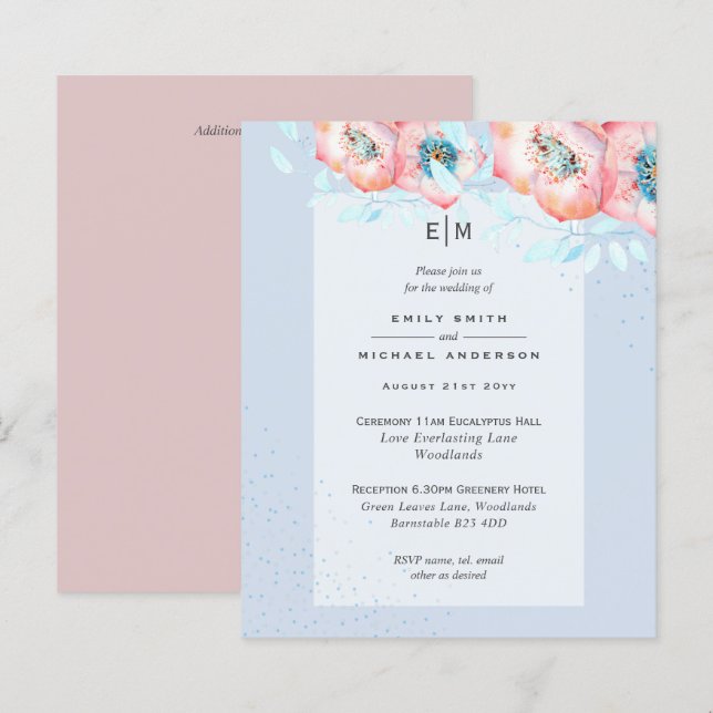 Papier Hellebore Blue Dusty Rose mariage BUDGET de récept (Devant / Derrière)