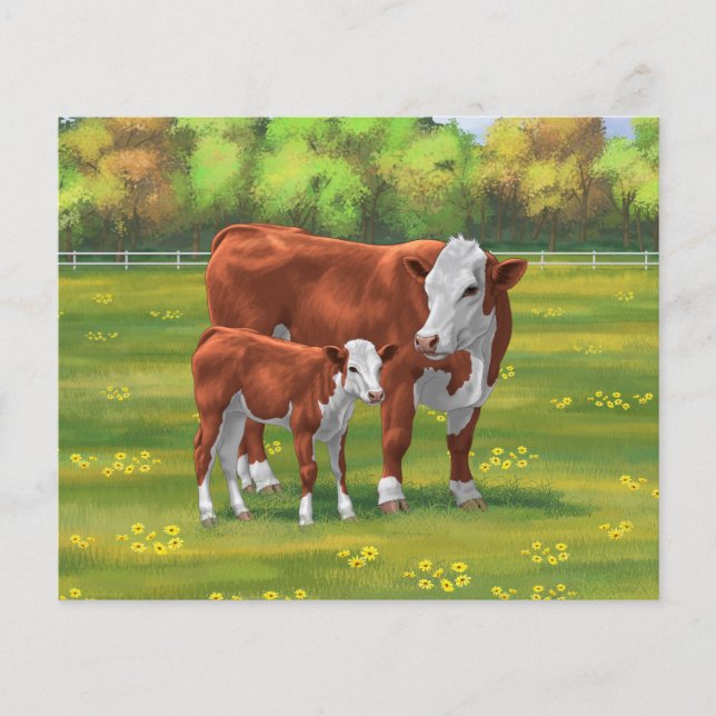 Papier Hereford Cow & Cute Calf dans les pâturages d'été (Devant)