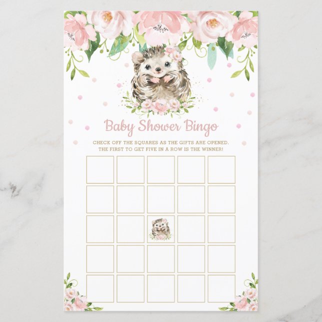 Papier Hérisson rose Baby shower Floral Jeu de Bingo (Devant)