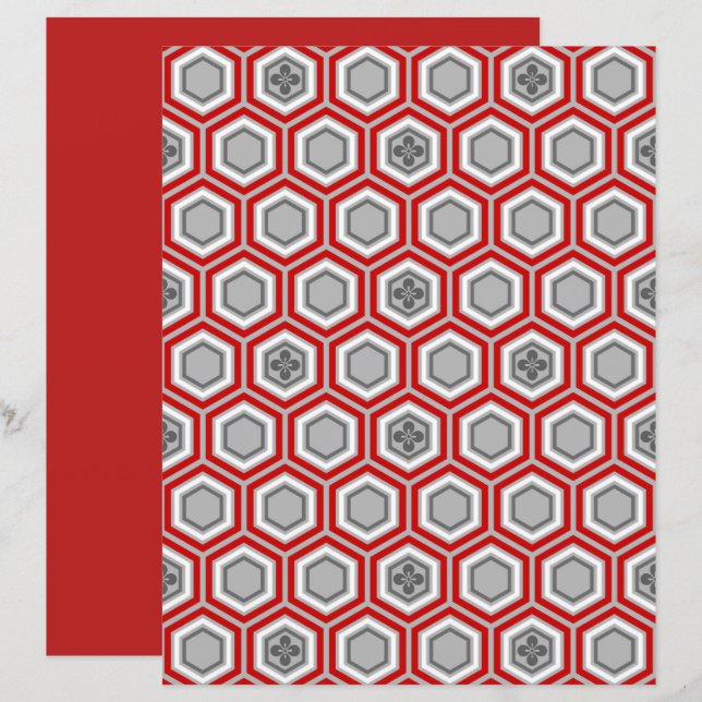 Papier Hexagonal Kimono Imprimer, rouge et gris / gris (Devant / Derrière)