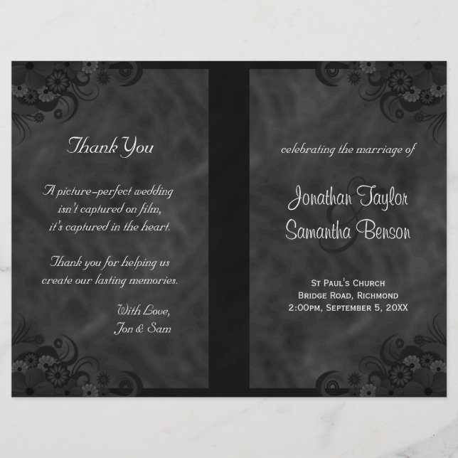 Papier Hibiscus Black Floral Goth Folded Wedding Programm (Devant)