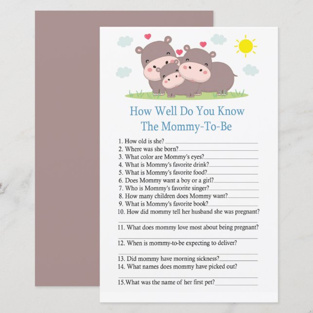 Papier Hippo Comme vous connaissez bien le jeu de baby sh (Devant / Derrière)