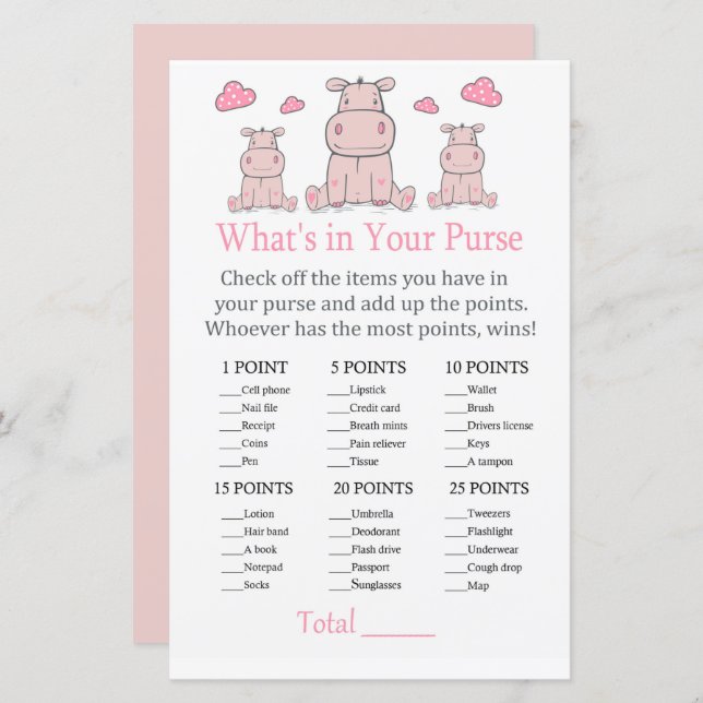 Papier Hippo rose Qu'y a-t-il dans votre sac à main (Devant / Derrière)