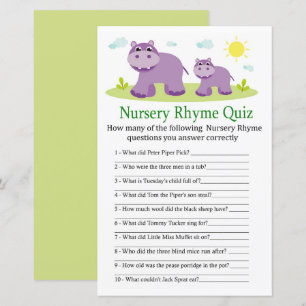 Papier Hippopotamus Nursery Rhyme Quiz jeu de baby shower