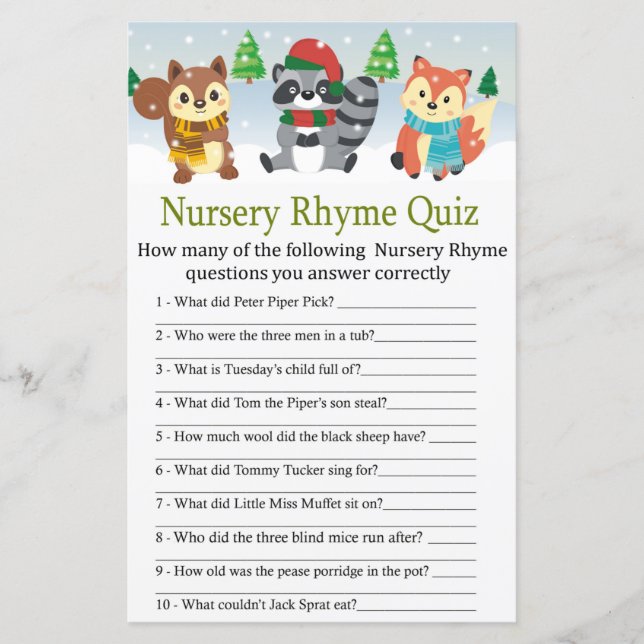 Papier hiver boisé animal Nursery Rhyme Quiz jeu (Devant)