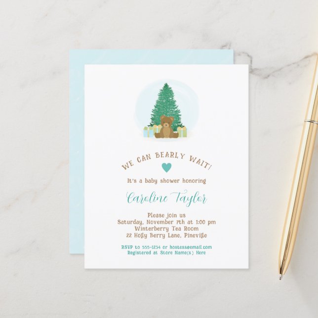 Papier Hiver Teddy Bear Boy Baby shower Invitation (Devant/Arrière en situation)