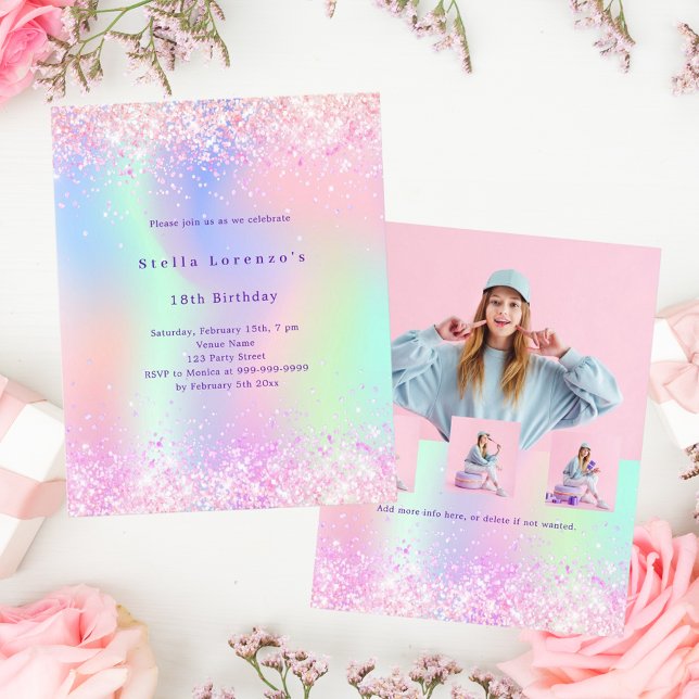 Papier Hologramme rose violet photo invitation anniversai (Créateur téléchargé)