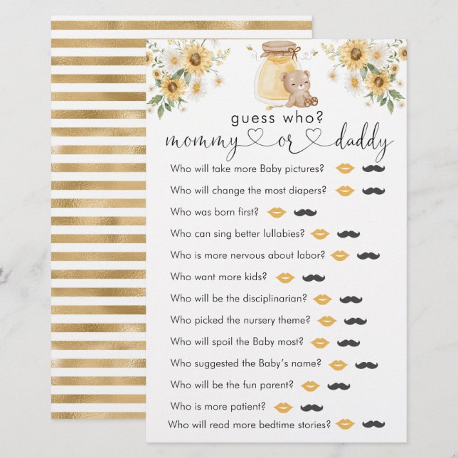 Papier Honey Bear Baby shower "Devinez Qui" Jeu (Devant / Derrière)