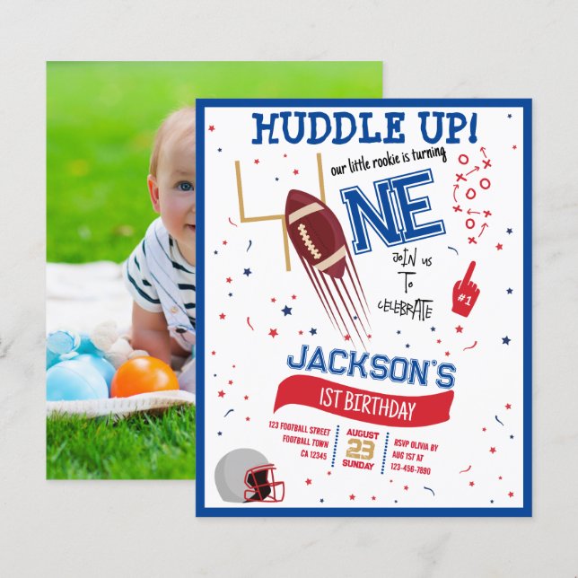 Papier Huddle Up Football Budget Photo 1er anniversaire (Devant / Derrière)
