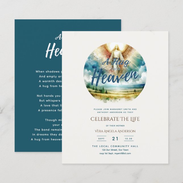 Papier Hug from Heaven Celebration of Life Memorial Poem (Devant / Derrière)