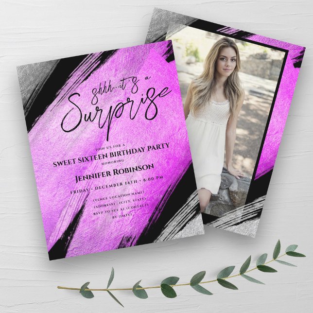 Papier Huile d'argent rose chaud Surprise Sweet 16 Invita (Hot Pink Silver Foil Surprise Sweet 16 Invites)