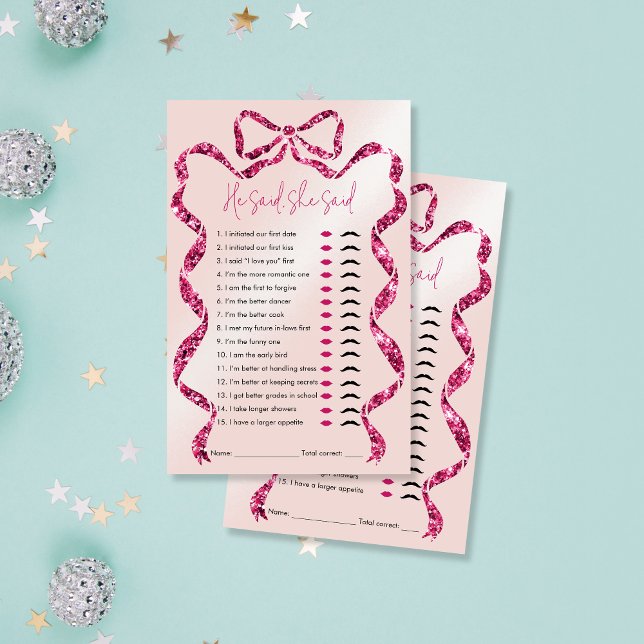 Papier Il A Dit, Elle A Dit Pink Bow Fête des mariées Jeu (glitter pink bow bridal shower games)