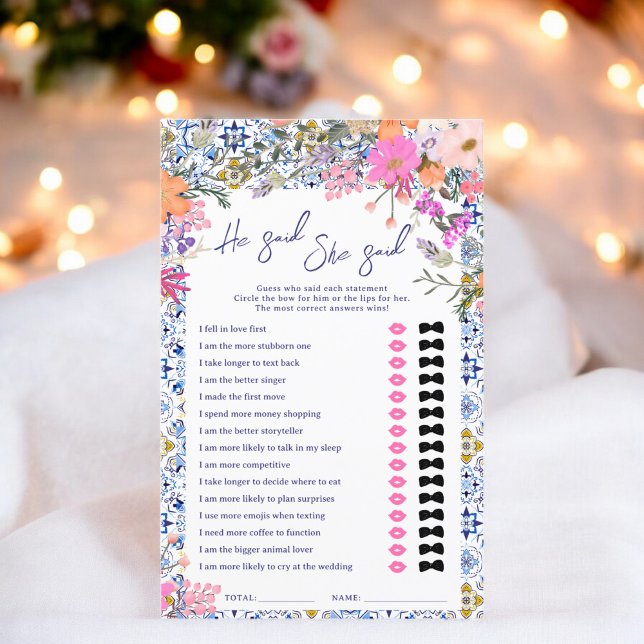 Papier Il a dit qu'elle a dit bleu italien jeu de douche  (He said she said blue italian bridal shower game)