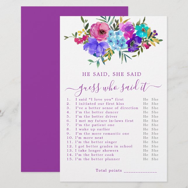 Papier Il A Dit Qu'Elle A Dit Fête des mariées Game (Devant / Derrière)