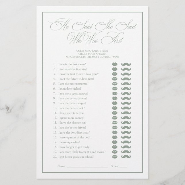 Papier Il A Dit Qu'Elle A Dit Green Script Fête des marié (Devant)