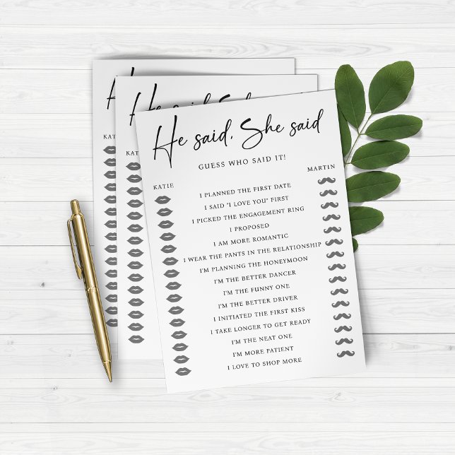 Papier Il A Dit Qu'Elle A Dit Mariage Engagement Partie (He Said She Said Wedding Engagement Party Game)