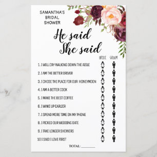 Papier Il a dit qu'elle a dit Marsala Floral Fête des mar
