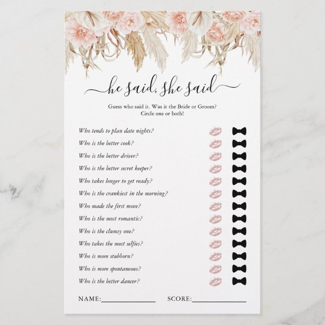 Papier Il A Dit Qu'Elle A Dit Pampas Grass Fête des marié (Devant)