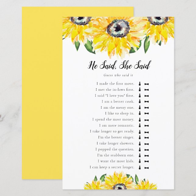 Papier Il A Dit Qu'Elle A Dit Sunflower Fête des mariées  (Devant / Derrière)