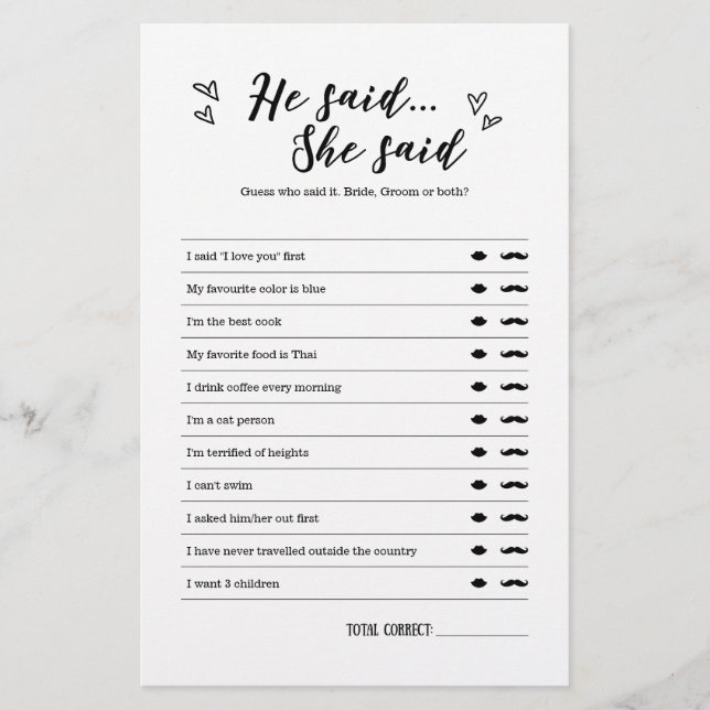 Papier Il dit qu'elle a dit jeu pour Mariage ou Fête des  (Devant)